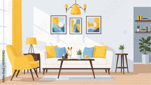 Cozy living room with modern art, a cat, and bright yellow furniture