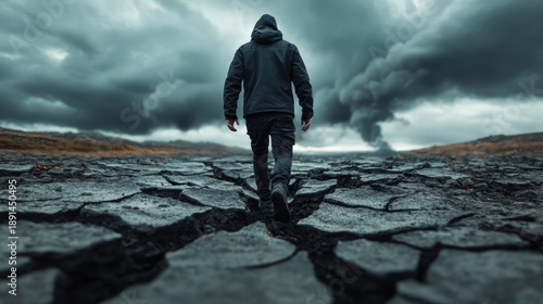 A solitary figure walks across a desolate, cracked earth under a dramatic sky, reflecting themes of isolation, environmental change, and resilience in a haunting atmosphere.