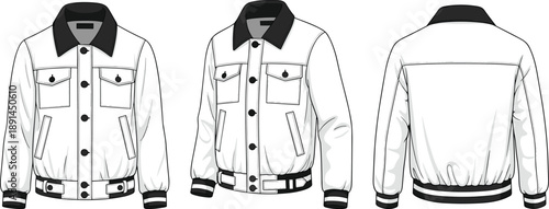 White bomber jacket with black collar cuffs and waistband shown in front side and back views