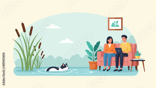 Couple on couch with dog swimming near cattails and potted plants