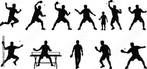 Table tennis player silhouettes set showing dynamic forehand, backhand, serve, and rally actions, isolated black athletes for sports motion design