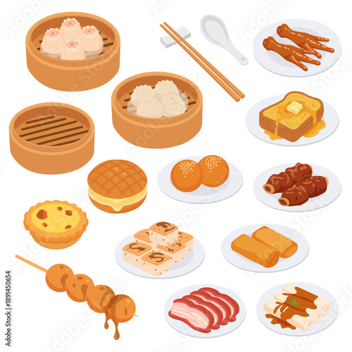 Hong Kong Dim Sum And Cantonese Food Vector Illustration Set