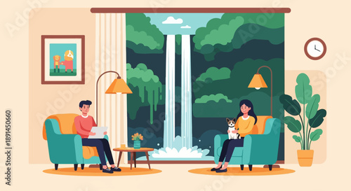 Cozy living room with people, pets, and a beautiful waterfall view