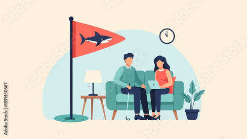 Couple on couch with laptop and golf club, shark flag