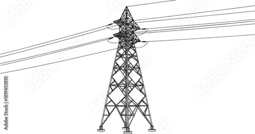 Black and white line of a tall metal electricity pylon with multiple power lines