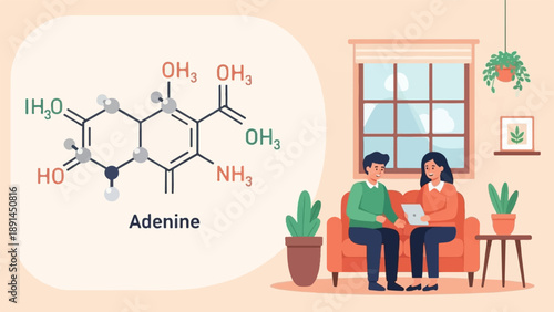Couple on couch with tablet, molecular structure of adenine