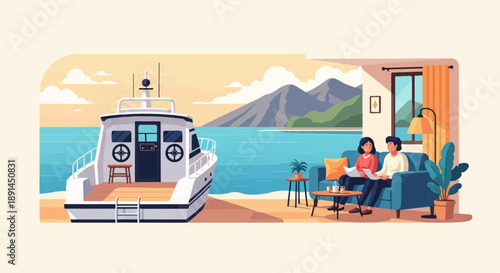 Couple relaxing indoors by boat and ocean landscape, pixel art