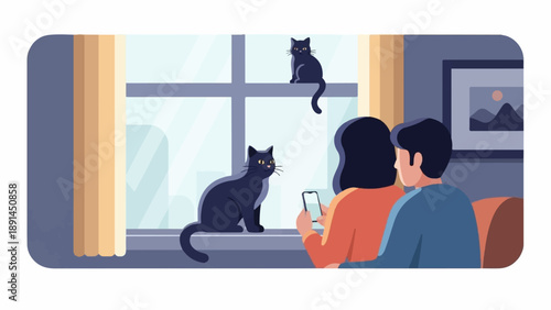 Couple watches cats on windowsill, one cat perched high