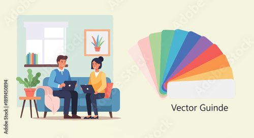 Couple working on laptops in a living room near a color swatch fan