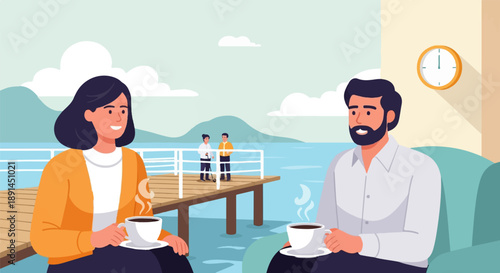 Couple enjoys coffee by the water, two men on a dock watch