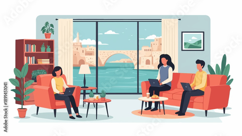 Cozy home office with water view, people working on laptops