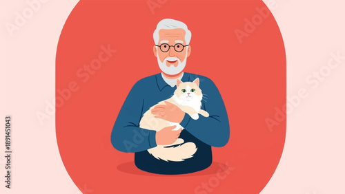 An elderly gentleman with glasses smiles, holding a fluffy cat