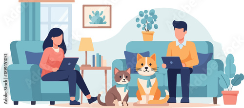 Cozy home scene of two people and cats working on laptops on sofas