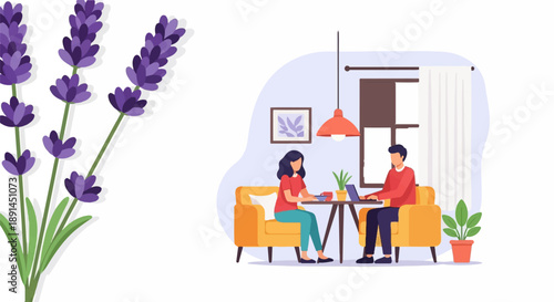 Couple working on laptops at home with lavender flowers