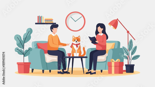 Cozy home scene with a couple, a cat, a gift, and plants