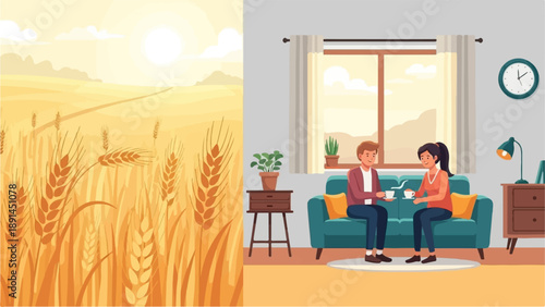 Couple enjoys a warm drink indoors next to a vast golden wheat field