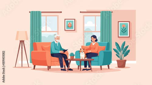 An elderly couple and their corgi dog relax in a living room