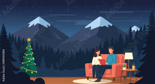 Couple on sofa with laptop, Christmas tree, mountains at night