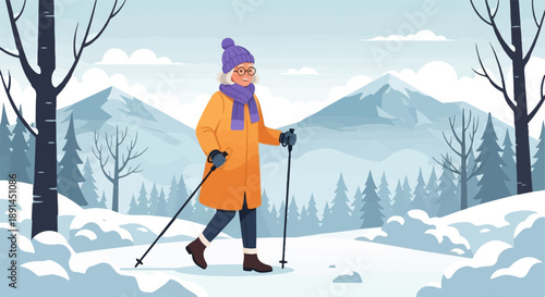 An elder person enjoys a winter day with a ski pole in a snowy mountain landscape