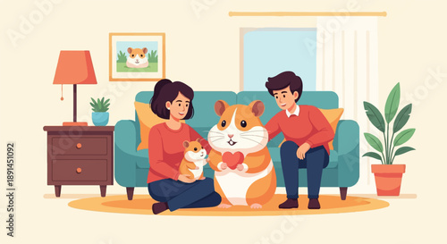 Cozy home scene with a couple and their pet hamsters, surrounded by furniture and plants