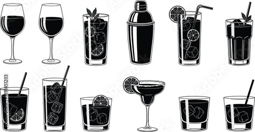 Collection of black and white of alcoholic and non-alcoholic drinks and bar tools