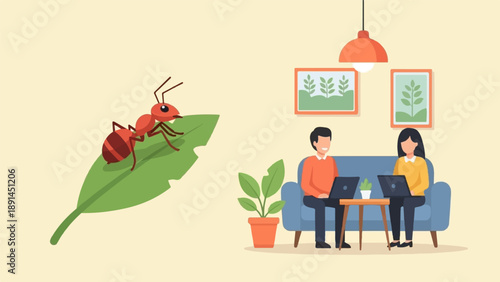 An ant on a leaf with people working on laptops in a living room