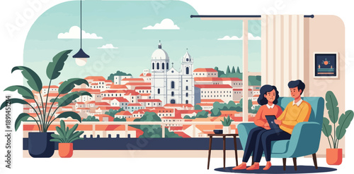 Couple relaxing indoors with a scenic city view of tiled rooftops and a grand cathedral