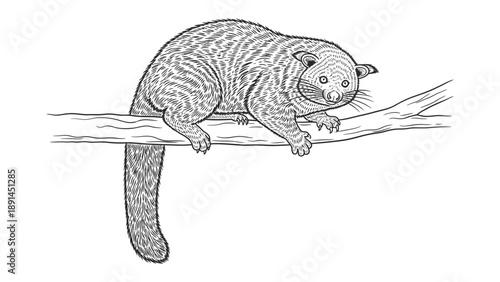 Striped Cuscus Perched on Branch: A meticulously detailed illustration of a striped cuscus, showcasing its unique markings and arboreal lifestyle while perched on a tree branch. 