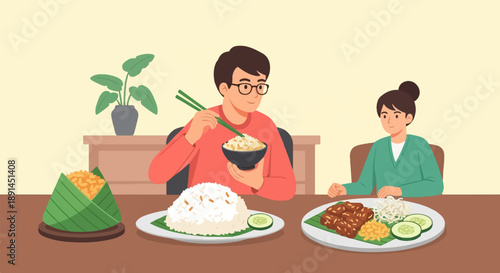 Couple enjoys a meal of rice, meat, and vegetables at a table