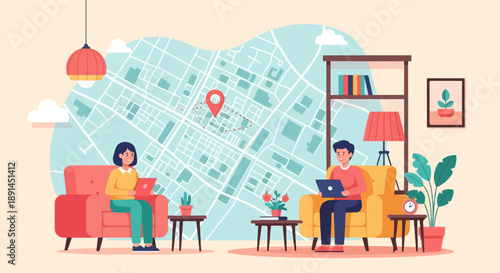 Couple planning travel route on map, working on laptops indoors