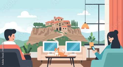 Couple relaxing indoors with a view of a historic hilltop village