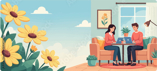 Couple working on laptops at a table in a cozy room with flowers outside