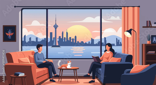 Couple relaxing indoors with cat, enjoying sunset city skyline view