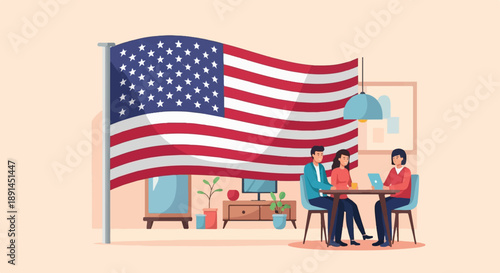American flag flies proudly over a diverse group of people collaborating indoors