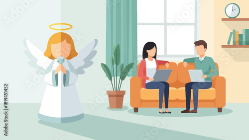 An angel observes a man and woman using laptops on a sofa