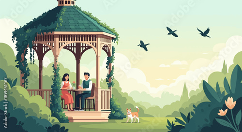 Couple enjoys a peaceful moment with their dog in a sunlit garden gazebo