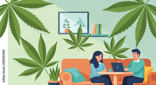 Couple working on laptop with cannabis leaves decor
