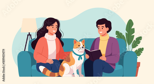 Couple reading a book with their pet cat on a sofa in a cozy room
