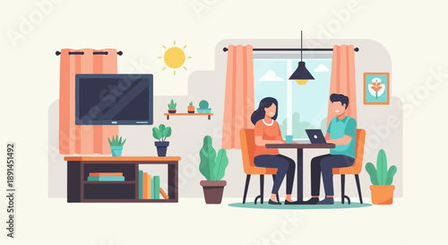 Couple working on laptop at home with plants and sun