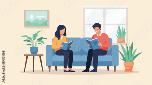 Couple reading books on sofa in a cozy living room with plants