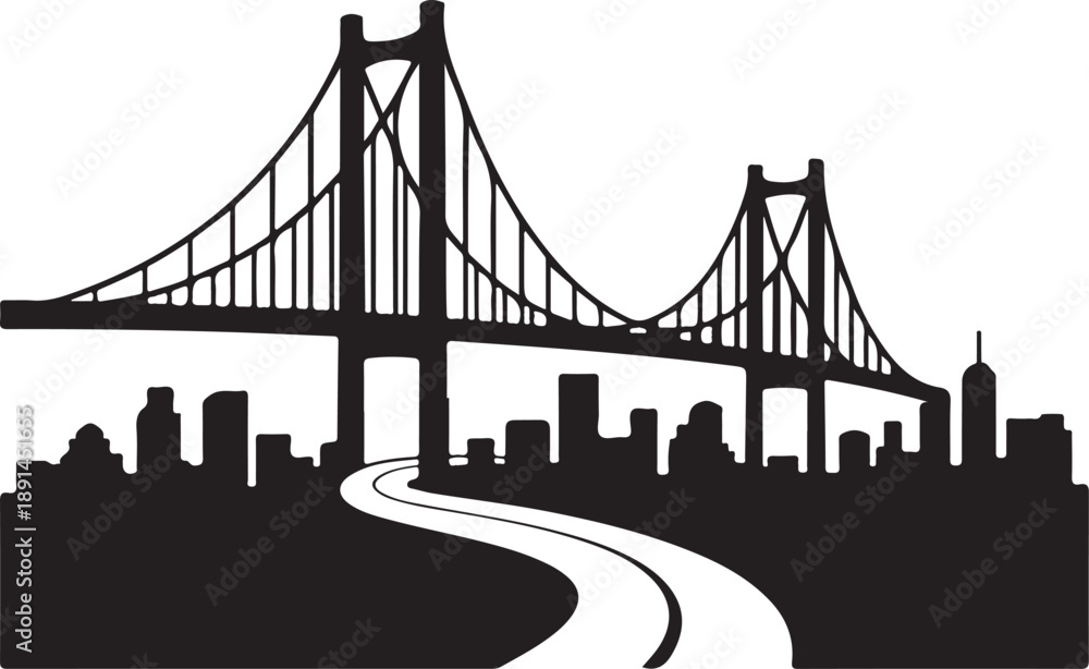 Fototapeta premium Modern cityscape with suspension bridge and urban skyline