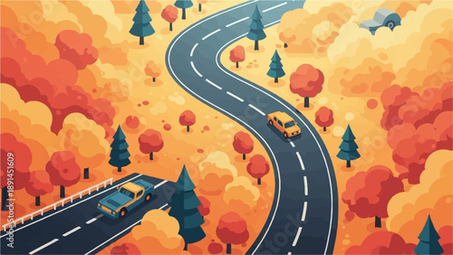 Aerial view of cars driving on a winding road through an autumnal forest