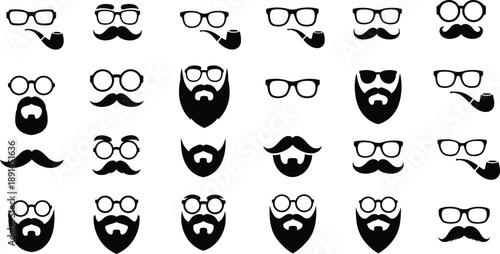 Collection of black silhouette of glasses mustaches beards and smoking pipes