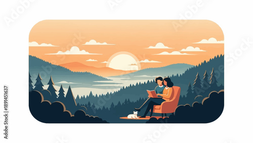 Couple reading in nature with sunset and cat