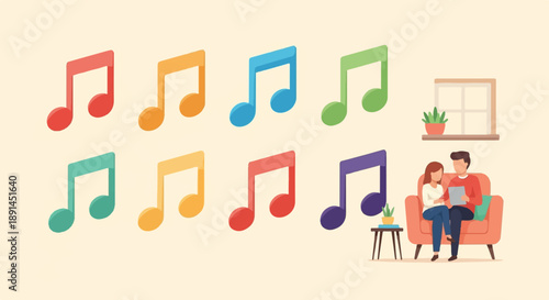 Couple enjoying music at home with colorful notes floating around