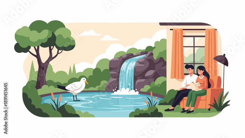Couple reading on sofa beside pond with bird and waterfall