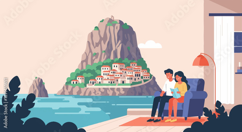 Couple relaxing indoors with view of coastal village on mountain