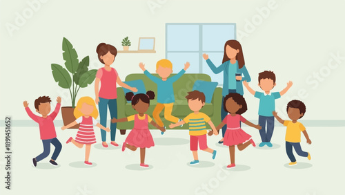 Adults and children gather indoors for a playful, celebratory activity