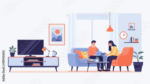 Couple working and relaxing in a cozy living room with modern furniture