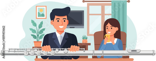 Couple enjoying music practice and hot beverage in a cozy living room